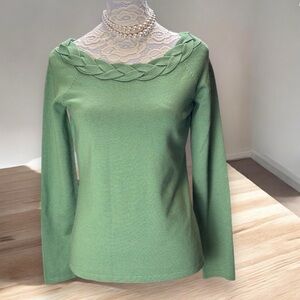 Ann Taylor Green Marino wool Blend Sweater Women's M Braided Boat Neck Chic Flaw